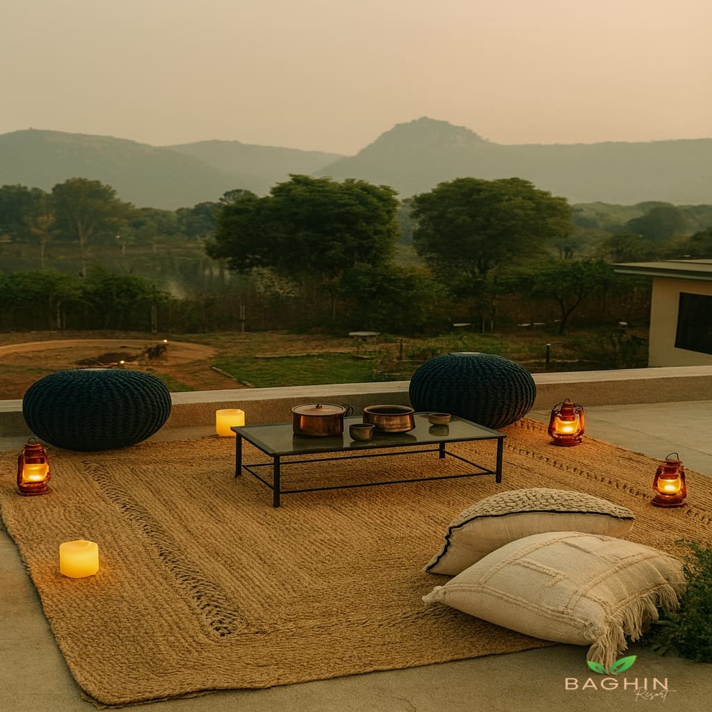 rooftop sitting area with jungle view at Baghin Resort Ranthambore tiger reserve