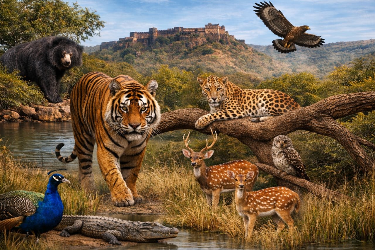 Ranthambore National Park wildlife with tiger, leopard, deer, birds, and forest landscape.
